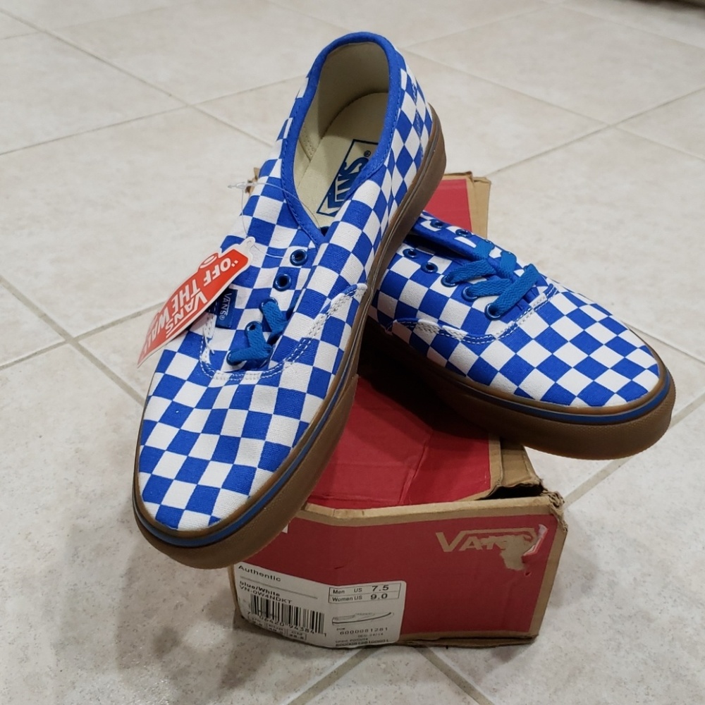 Vans blue and white checker shoes